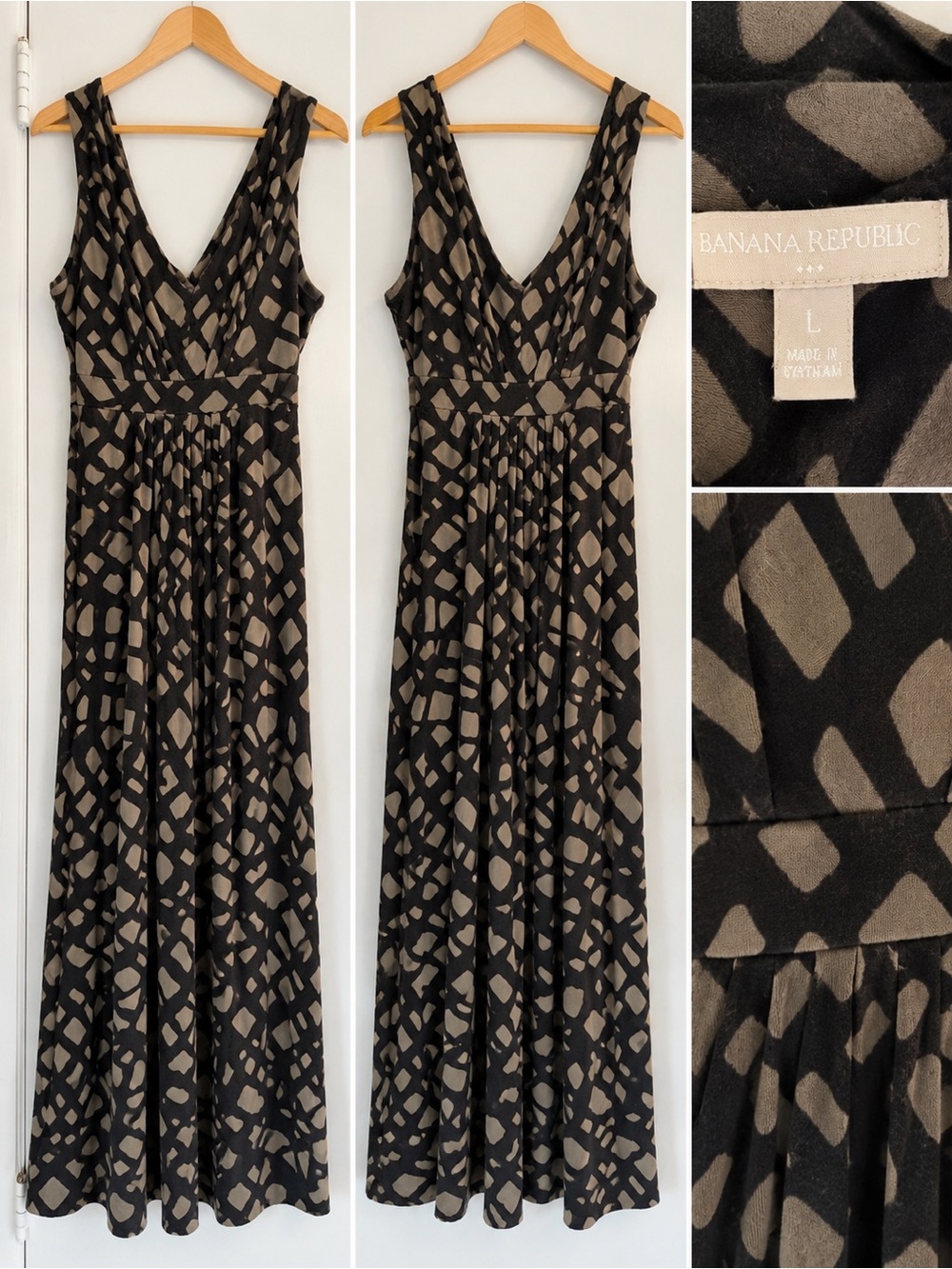 Banana Republic Black Taupe Geometric Print V-Neck Maxi Dress Size L